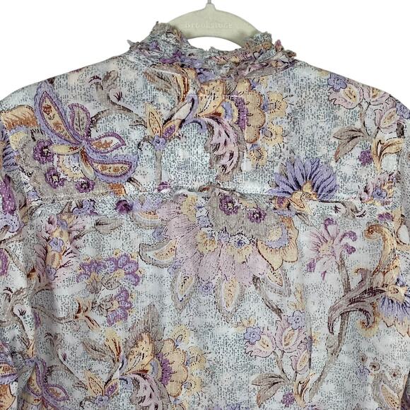 Cino Ruffle Front Blouse Floral Print Button Down Velvet Tie Size L - Picture 8 of 14